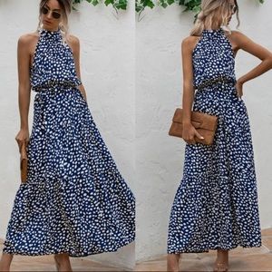 Boho floral print belted halter maxi dress